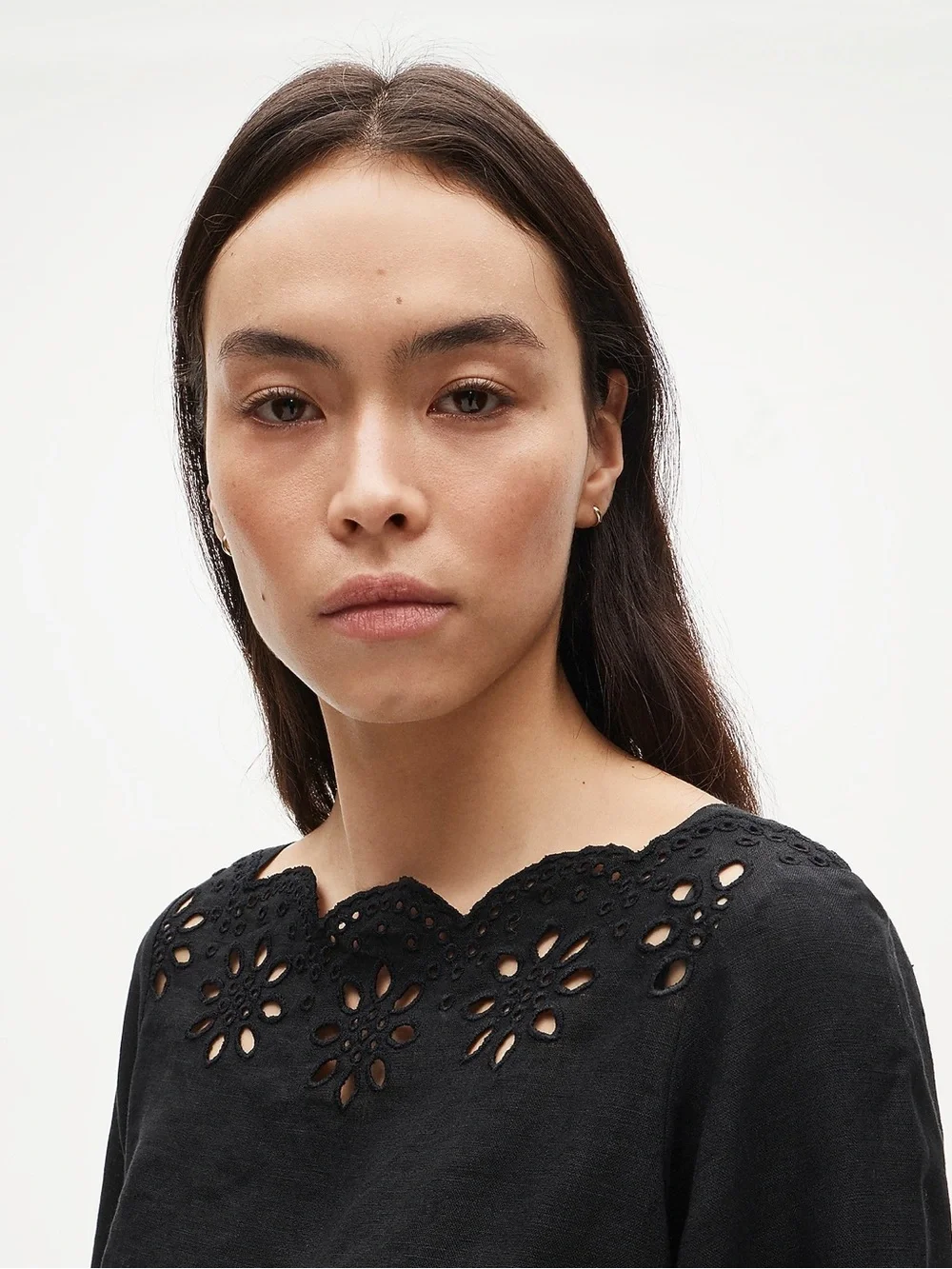J. Crew Scallop-trim Eyelet Popover Linen Dress in Black Size Medium
